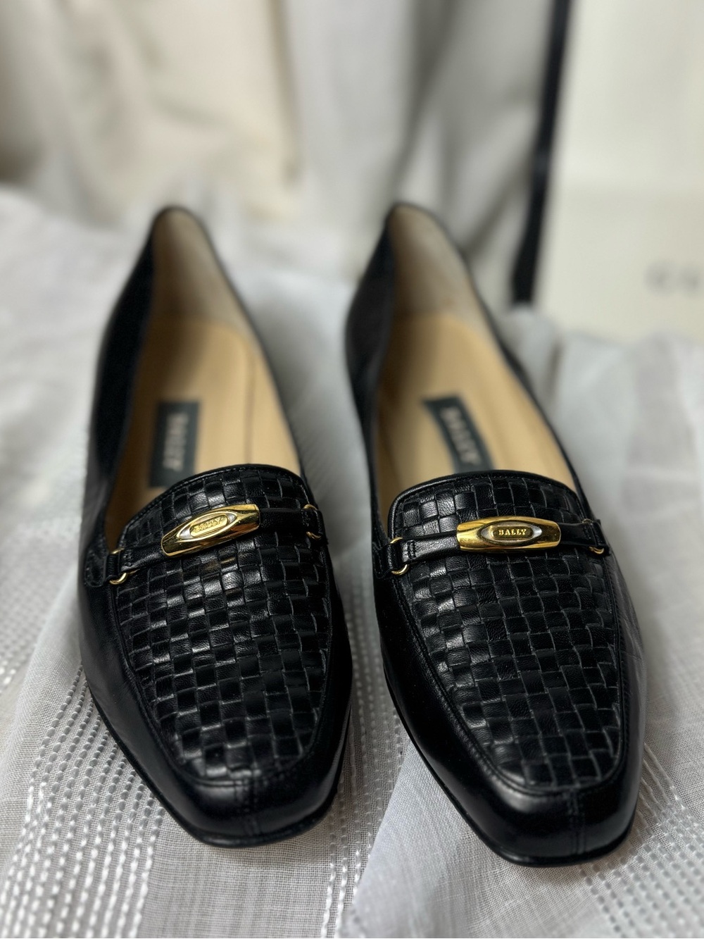 Vintage Ballys Black Woven Leather Women's Loafers with Gold Accent Italian shoe